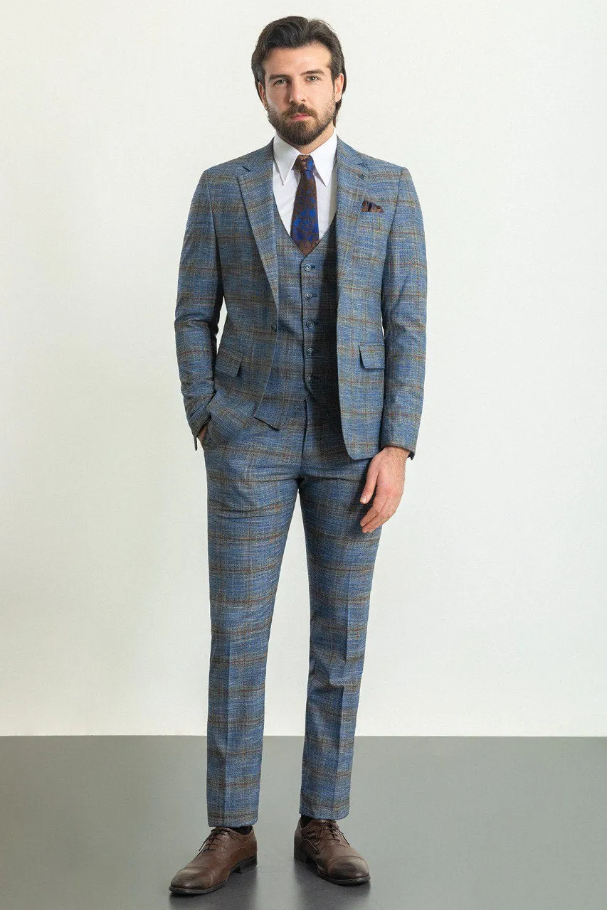 Bojoni Trivento Navy Blue Plaid Slim Fit Suit