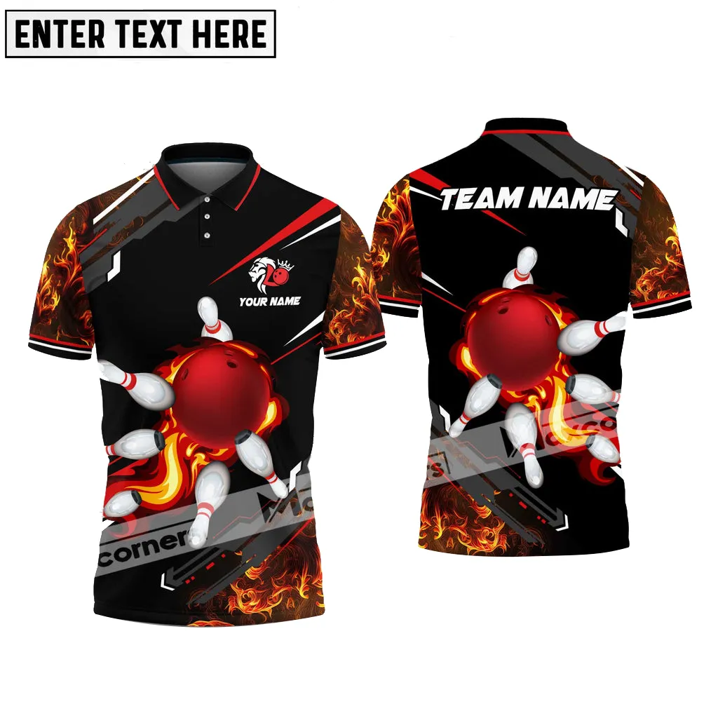 Bowling Ball & Pins Flame Smoke Multicolor Customized Name 3D Polo Shirt 4 Colors, Perfect Shirt for Bowler