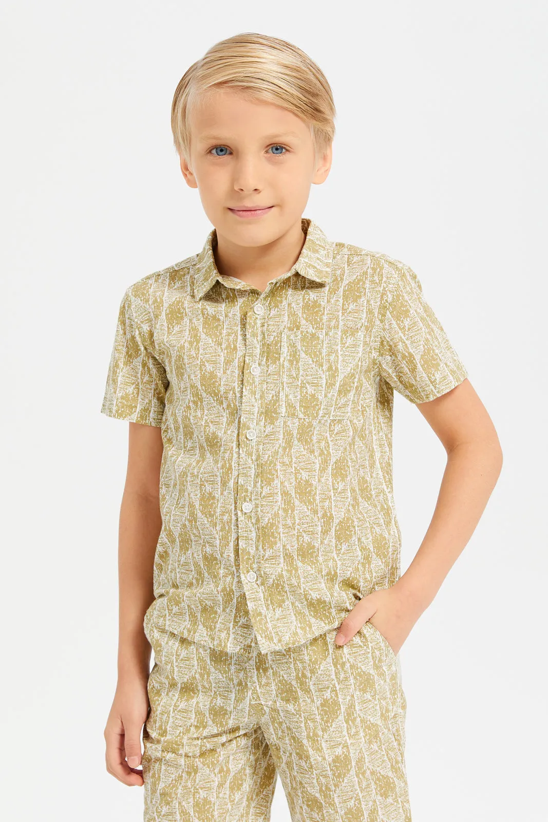 Boys Green Short Sleeves Oversized Shirt With Short Set (2 Piece)