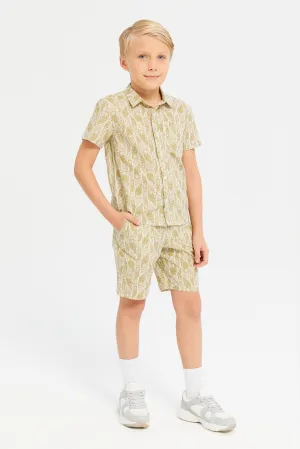 Boys Green Short Sleeves Oversized Shirt With Short Set (2 Piece)