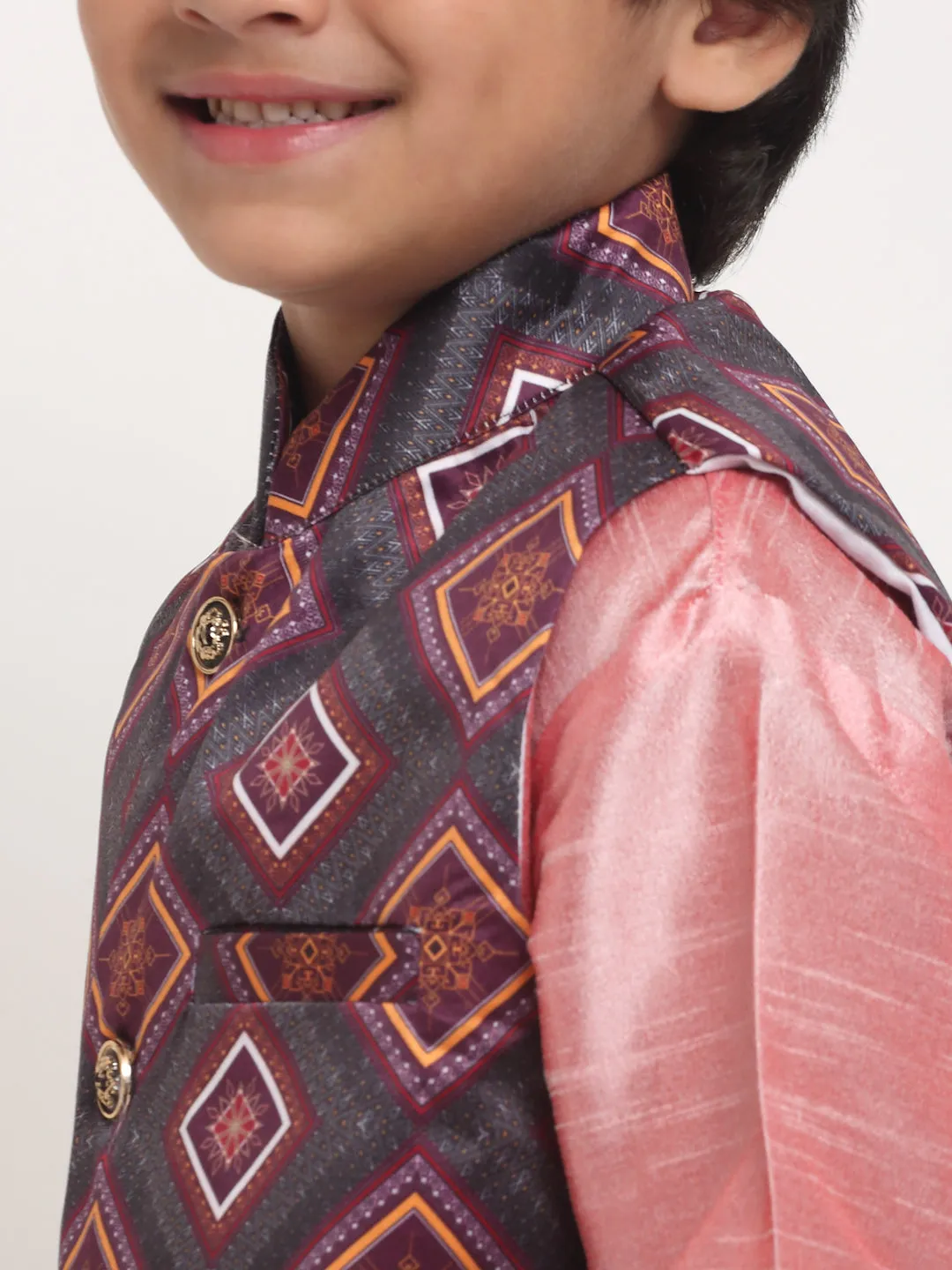 Boy's Pink Solid Kurta With Pyjama & Charcoal Grey Printed Nehrujacket Combos - Benstoke KIDS