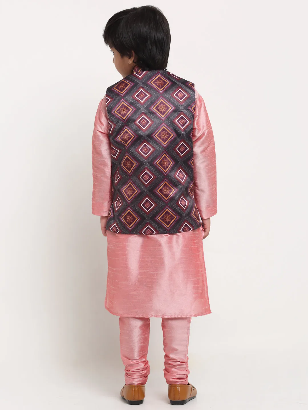 Boy's Pink Solid Kurta With Pyjama & Charcoal Grey Printed Nehrujacket Combos - Benstoke KIDS