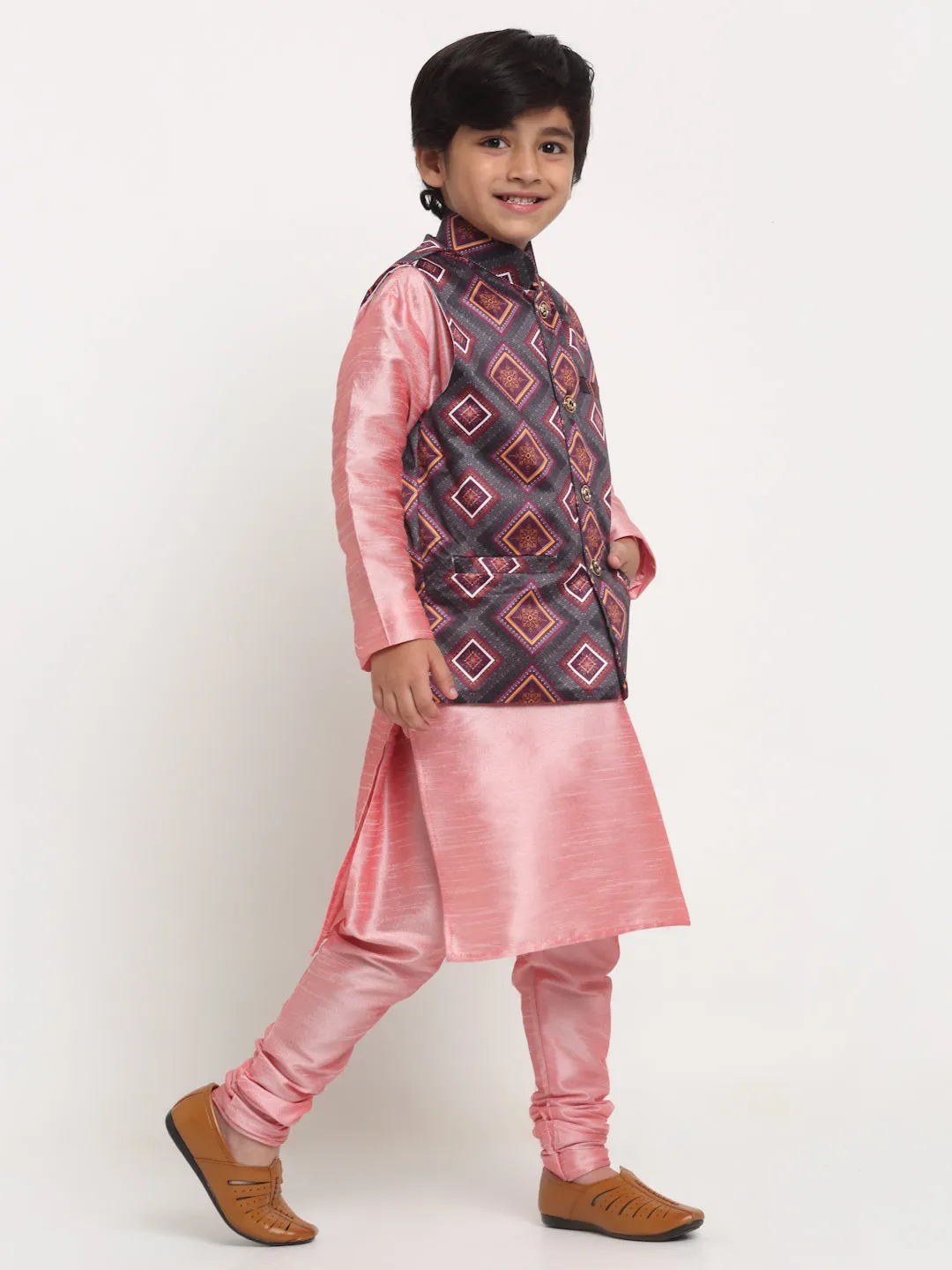 Boy's Pink Solid Kurta With Pyjama & Charcoal Grey Printed Nehrujacket Combos - Benstoke KIDS