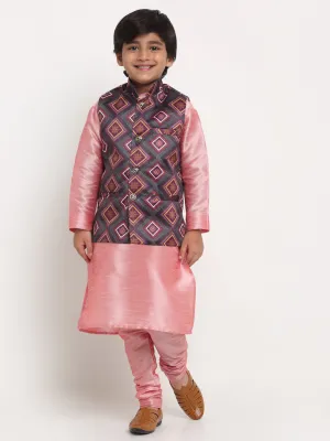 Boy's Pink Solid Kurta With Pyjama & Charcoal Grey Printed Nehrujacket Combos - Benstoke KIDS