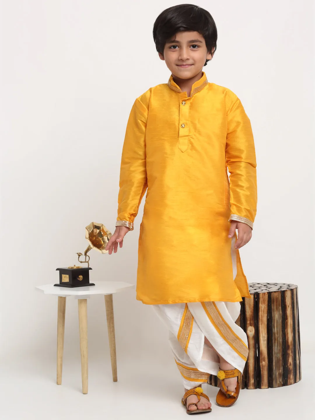 Boy's Yellow Solid Gotta Patti Kurta With White Dhoti Pant Set - Benstoke KIDS