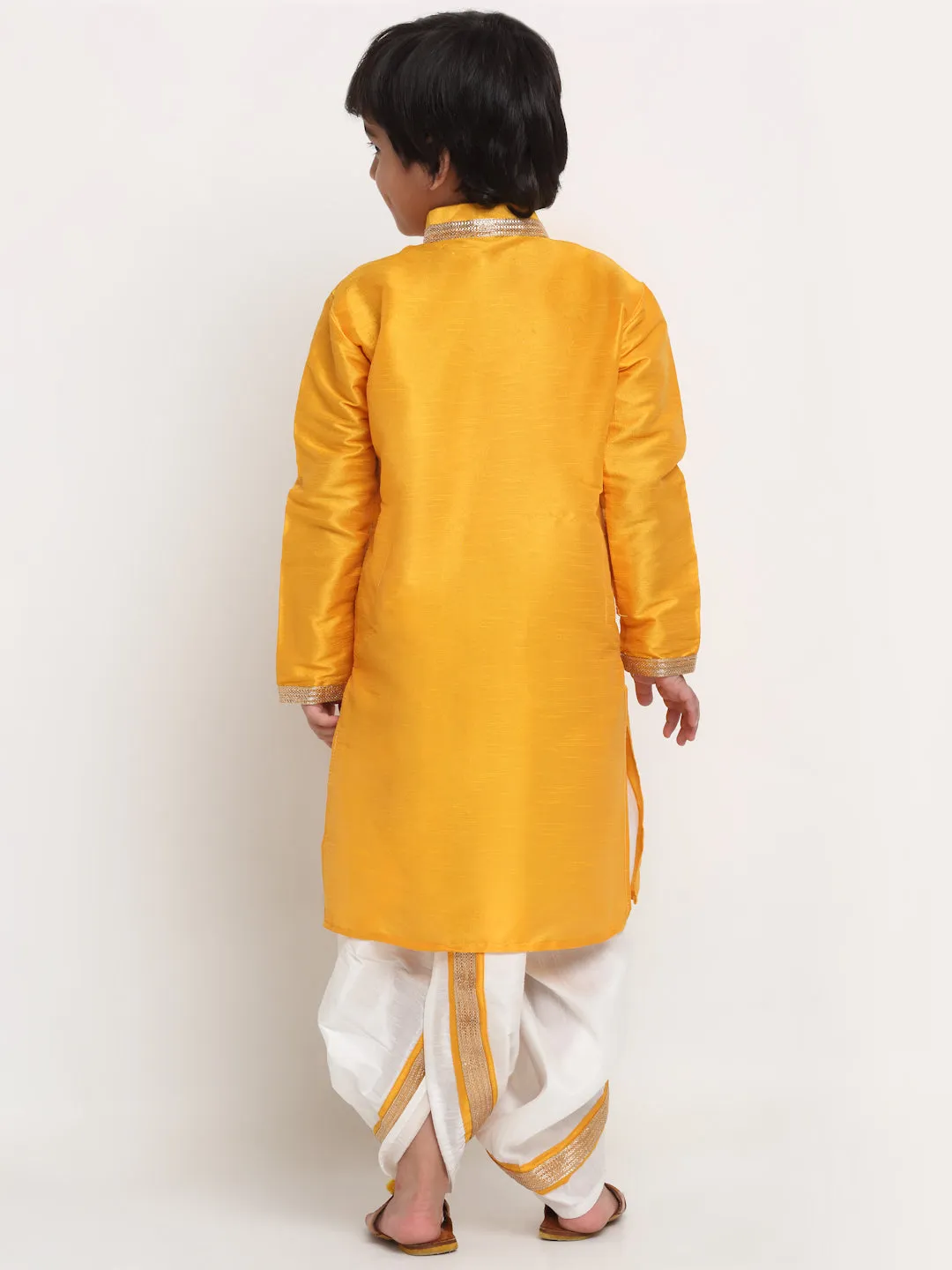 Boy's Yellow Solid Gotta Patti Kurta With White Dhoti Pant Set - Benstoke KIDS