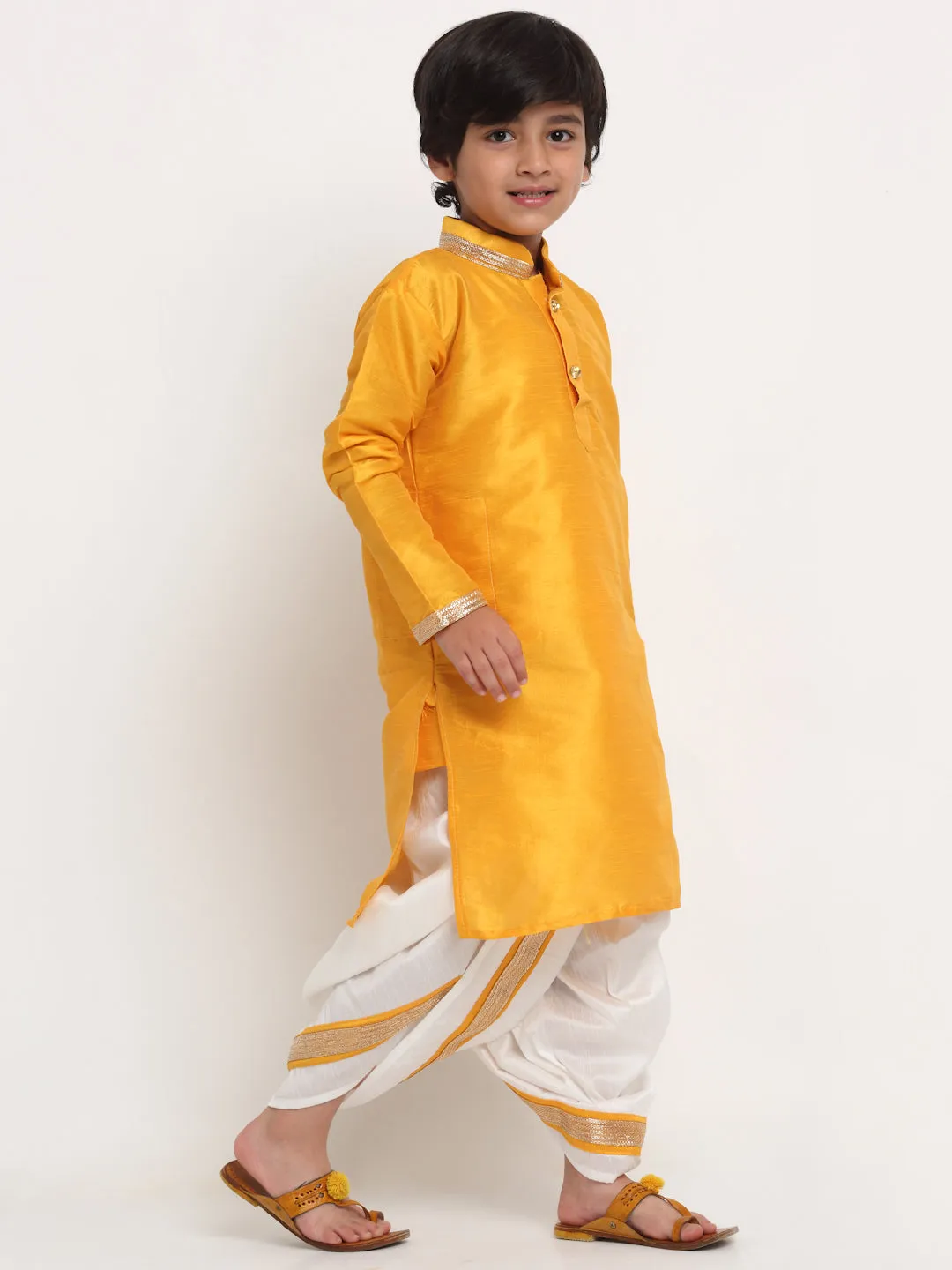 Boy's Yellow Solid Gotta Patti Kurta With White Dhoti Pant Set - Benstoke KIDS