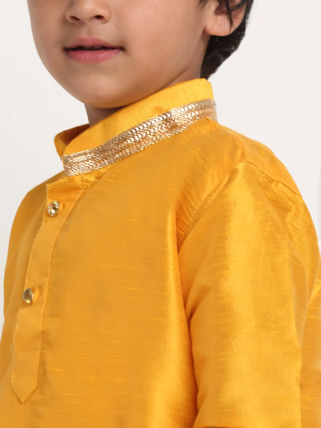 Boy's Yellow Solid Gotta Patti Kurta With White Dhoti Pant Set - Benstoke KIDS