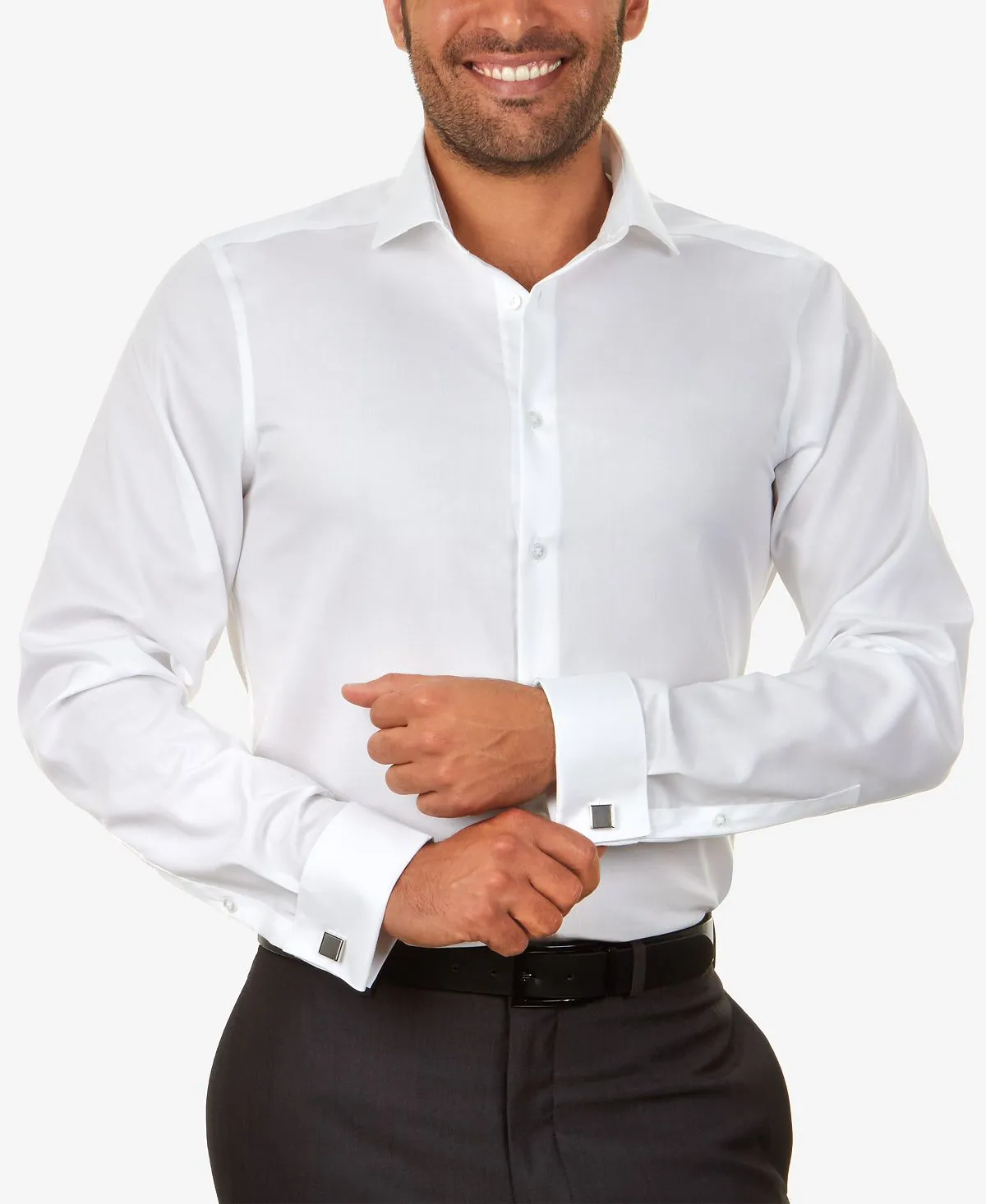 Calvin Klein Men's Slim-fit Non-Iron Performance Herringbone French Cuff Dress Shirt ,  white