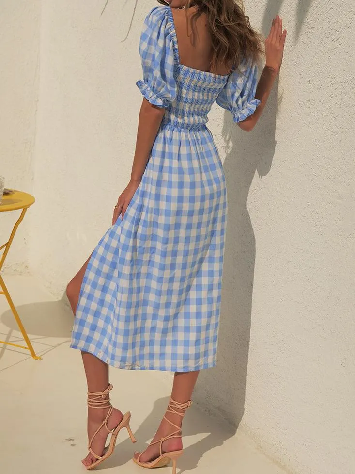 Casual Fashion Women's Cotton Skirt Plaid Short Sleeve Square Neck A-line Skirt Dress