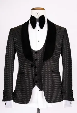 Connaisseur - Black square pattern 3-piece slim fit tuxedo with U vest