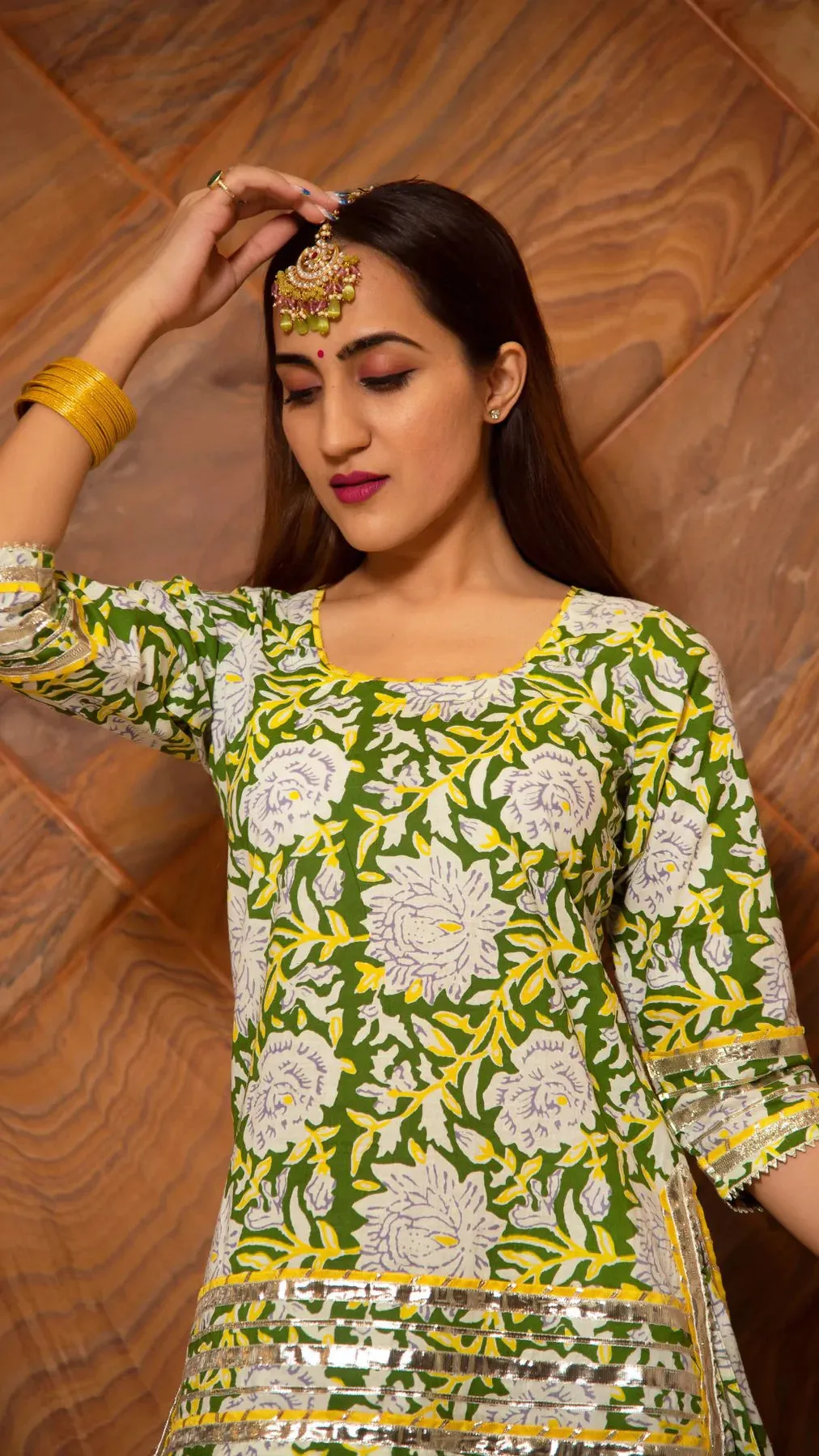 Cotton Lime Green & Yellow Printed Kurta Skirt Set with Organza Dupatta