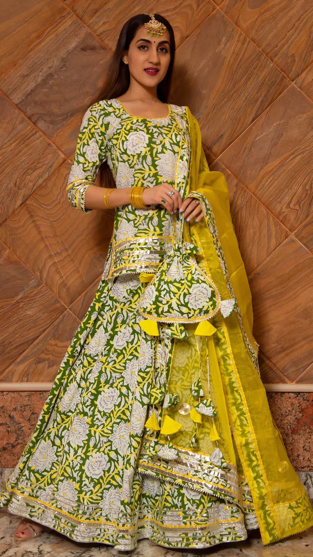 Cotton Lime Green & Yellow Printed Kurta Skirt Set with Organza Dupatta