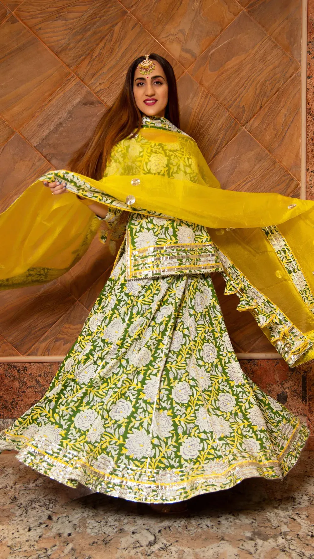 Cotton Lime Green & Yellow Printed Kurta Skirt Set with Organza Dupatta