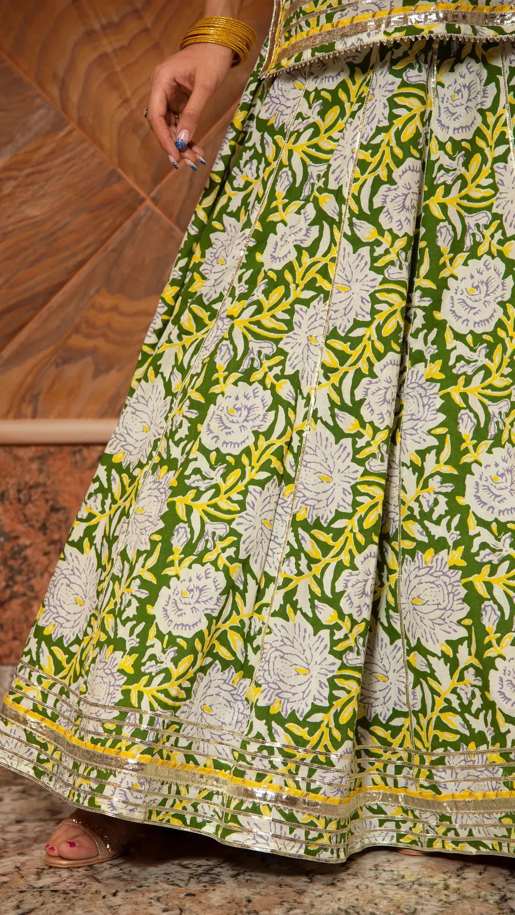 Cotton Lime Green & Yellow Printed Kurta Skirt Set with Organza Dupatta