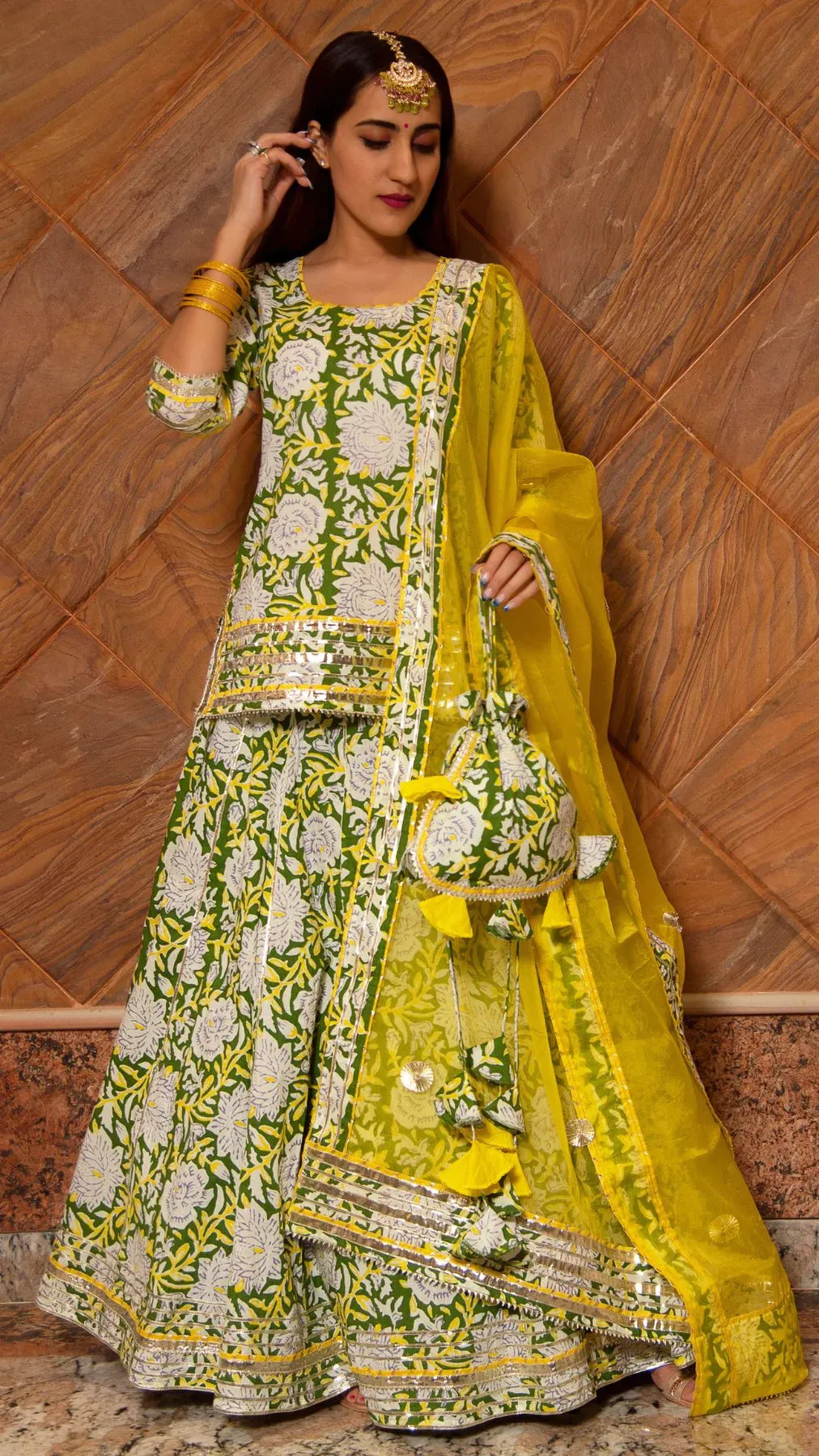 Cotton Lime Green & Yellow Printed Kurta Skirt Set with Organza Dupatta