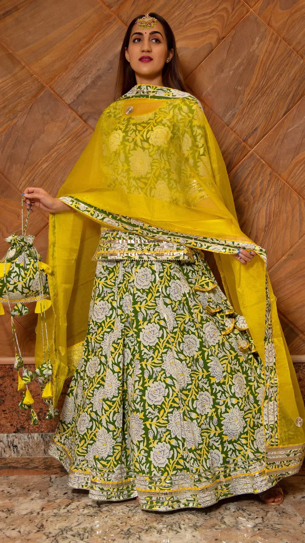 Cotton Lime Green & Yellow Printed Kurta Skirt Set with Organza Dupatta