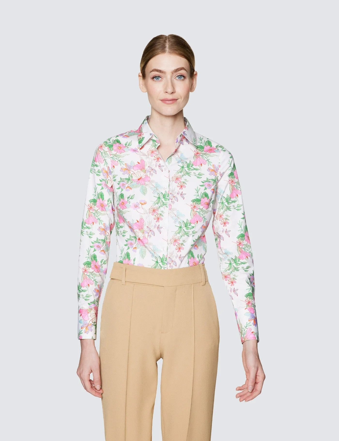 Cream & Pink Floral Print Fitted Cotton Stretch Shirt