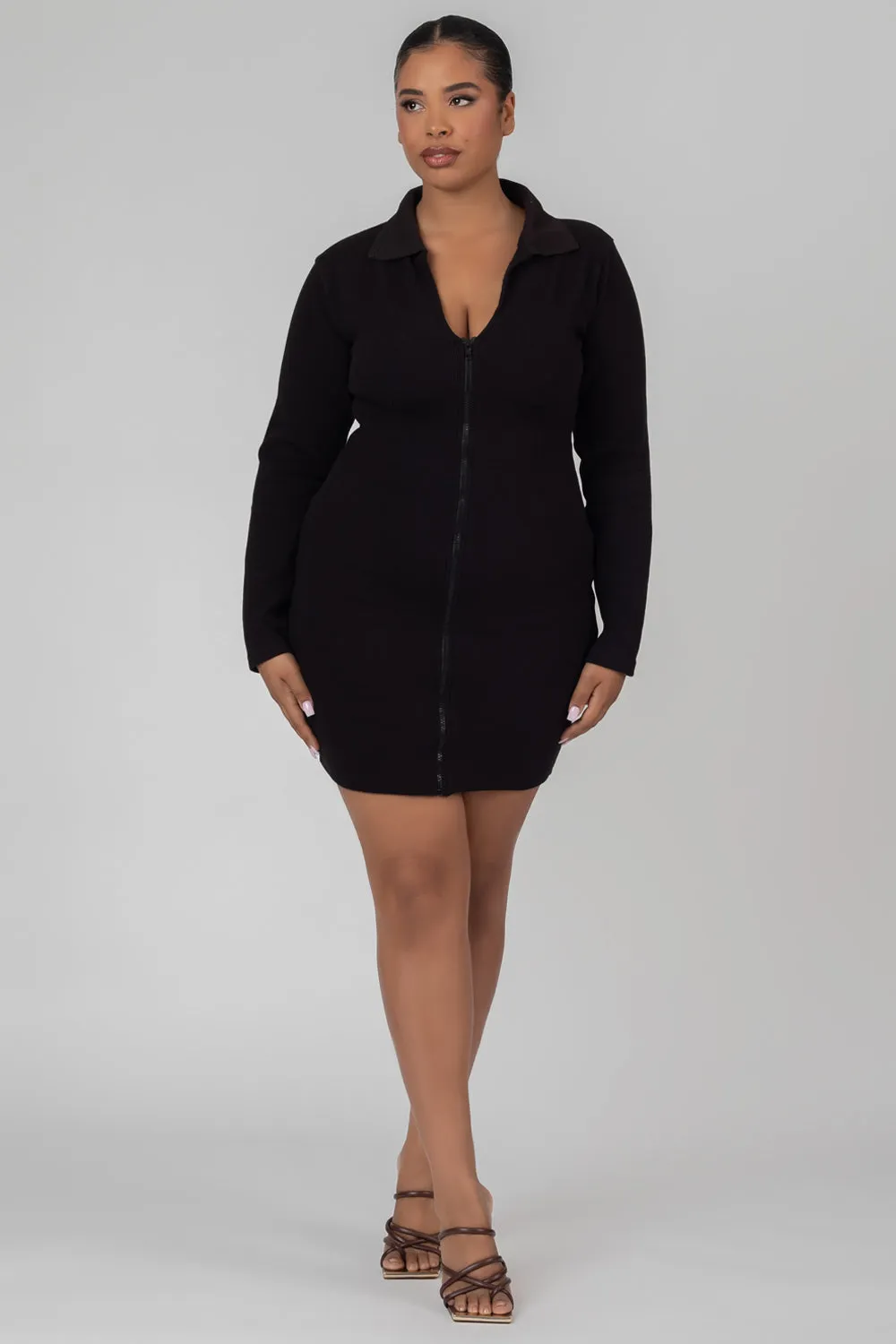 Curve Zip Through Collared Mini Dress Black