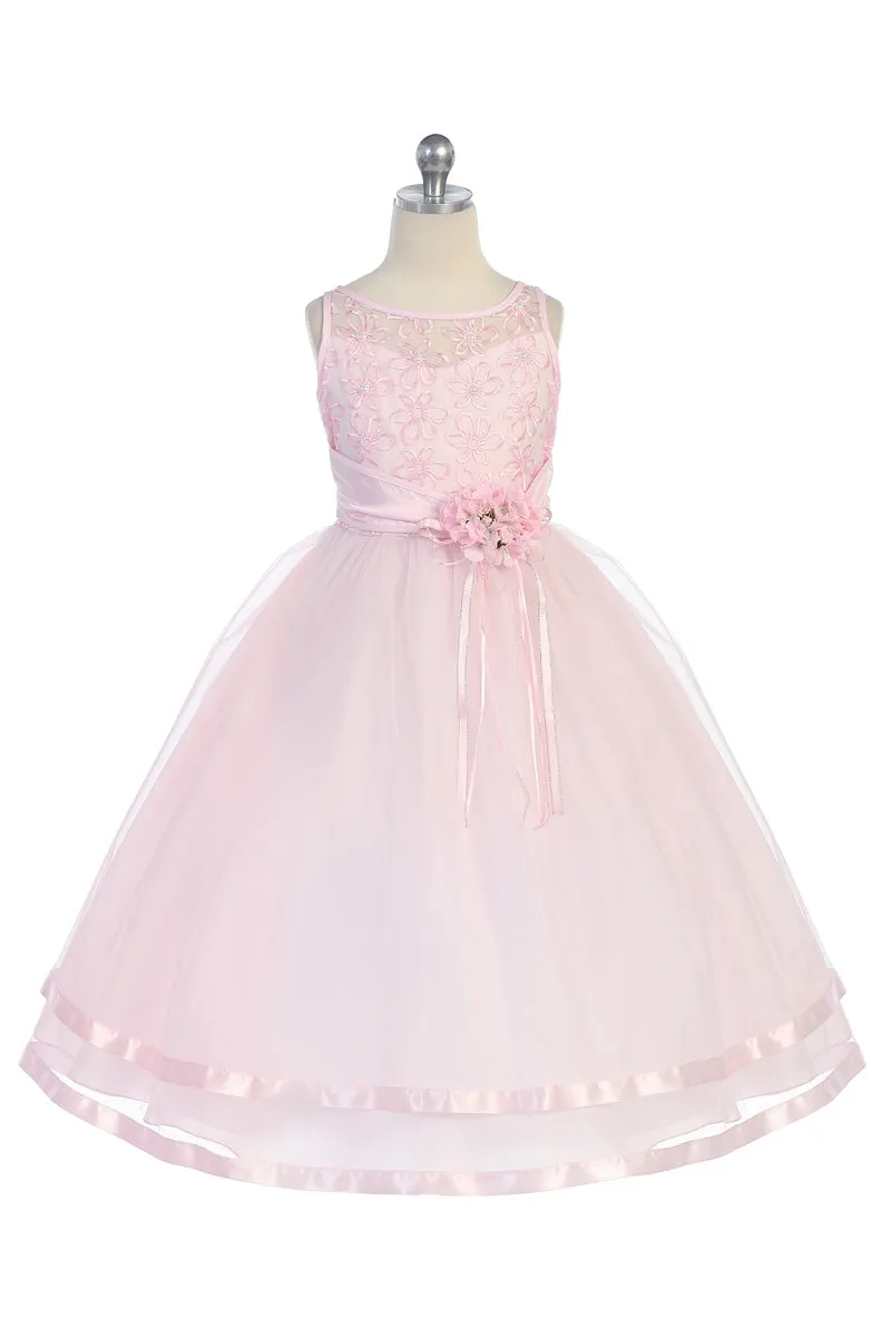 D5203 Flower Embroidered Bodice with Satin Trimmed Tulle Skirt Dress (4 Diff. Colors)