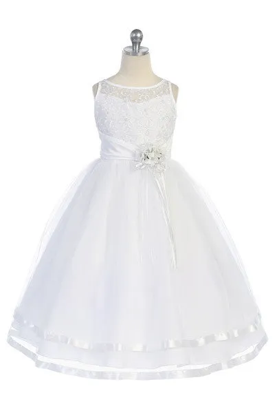 D5203 Flower Embroidered Bodice with Satin Trimmed Tulle Skirt Dress (4 Diff. Colors)