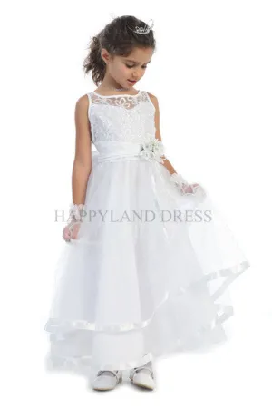 D5203 Flower Embroidered Bodice with Satin Trimmed Tulle Skirt Dress (4 Diff. Colors)