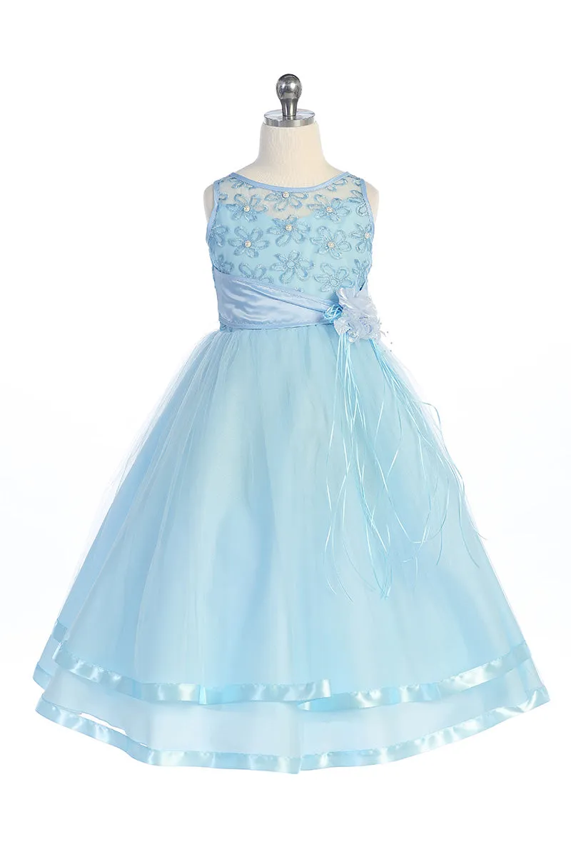 D5203 Flower Embroidered Bodice with Satin Trimmed Tulle Skirt Dress (4 Diff. Colors)