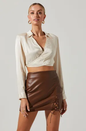 Delphi Satin Pointed Collar Wrapped Tie Waist Top