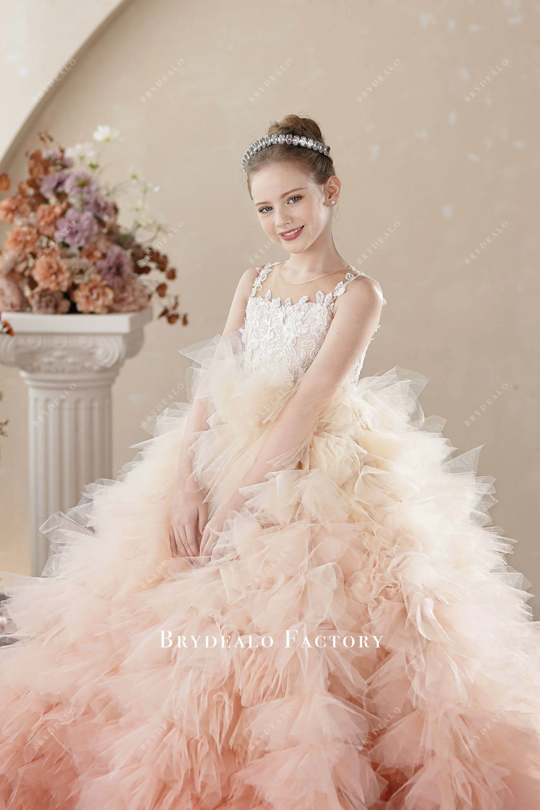 Designer Ombre Pink Ruffled Tulle Ball Gown Miss Teen Pageant Dress