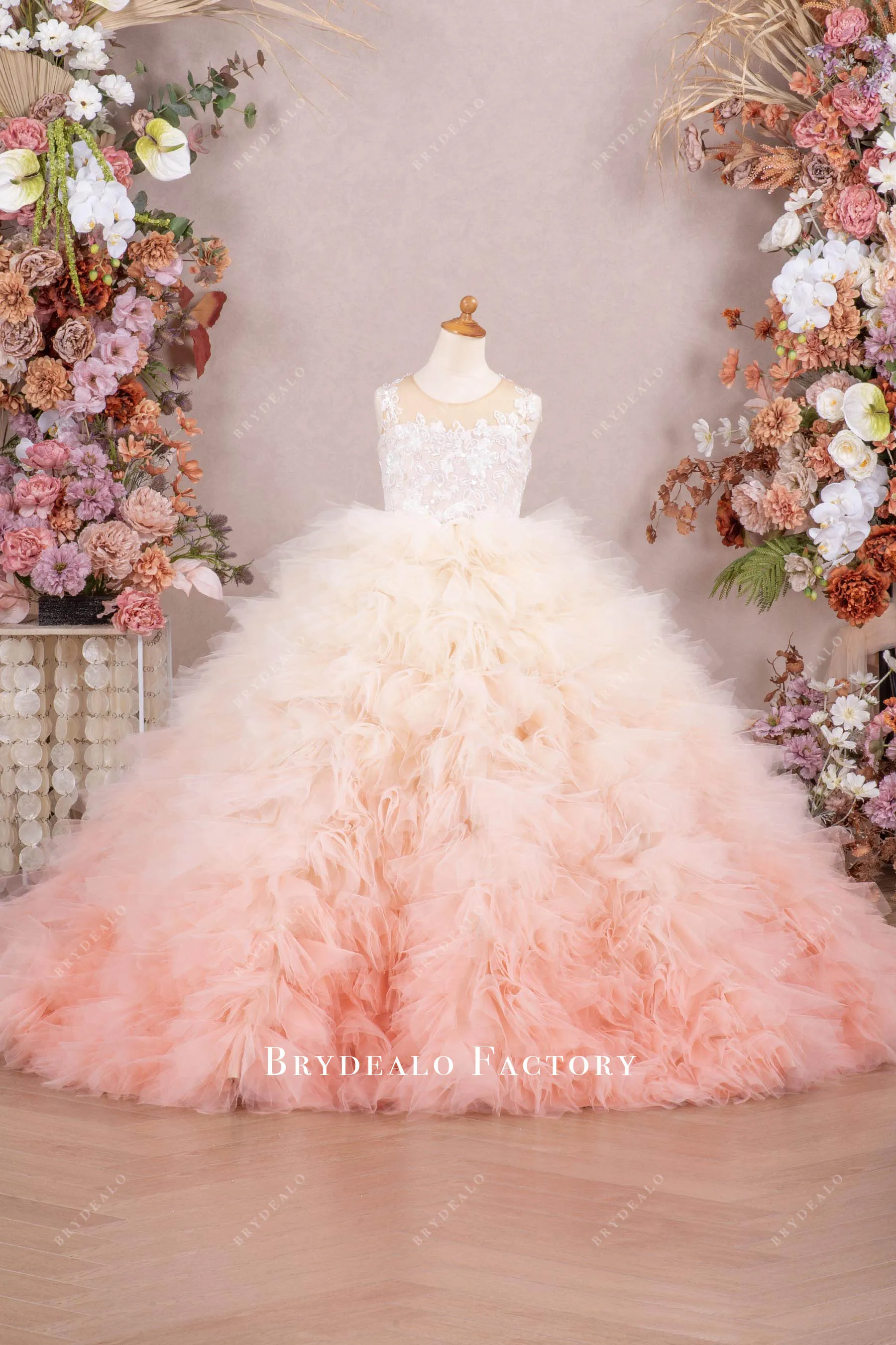 Designer Ombre Pink Ruffled Tulle Ball Gown Miss Teen Pageant Dress