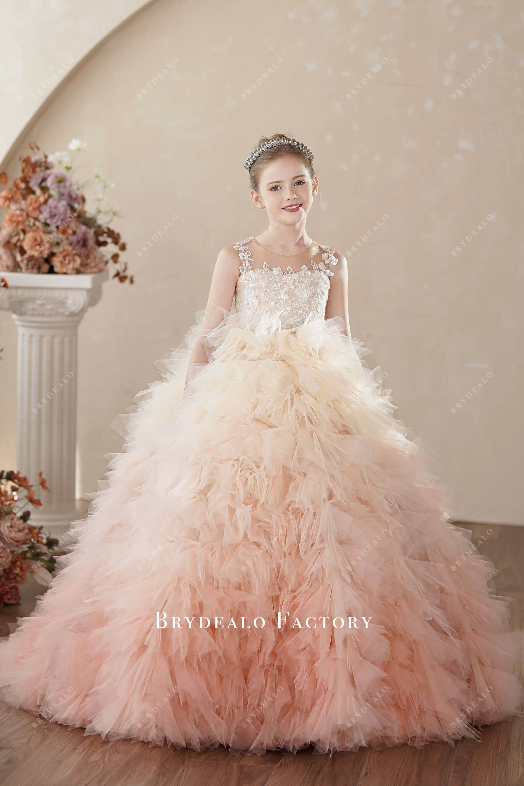 Designer Ombre Pink Ruffled Tulle Ball Gown Miss Teen Pageant Dress