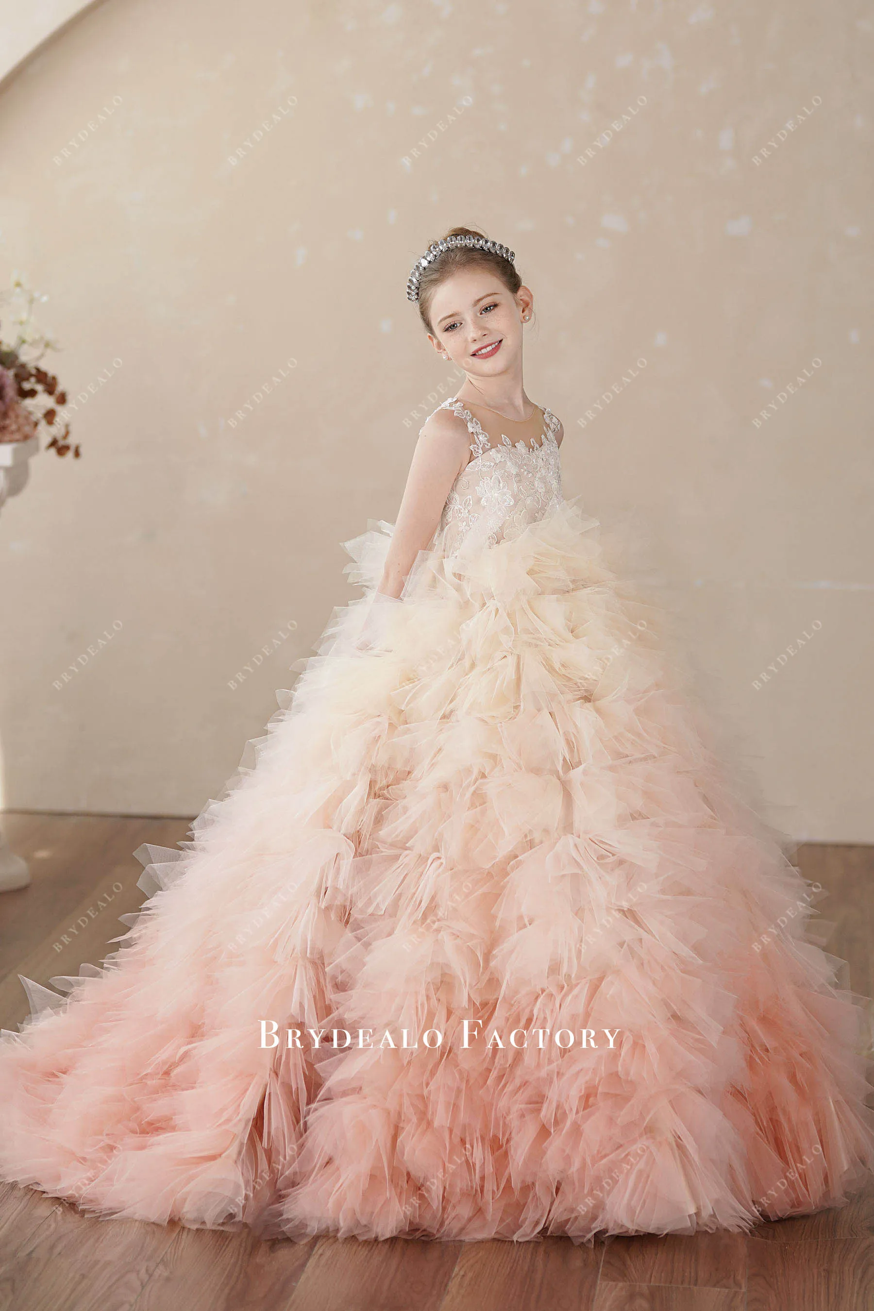 Designer Ombre Pink Ruffled Tulle Ball Gown Miss Teen Pageant Dress