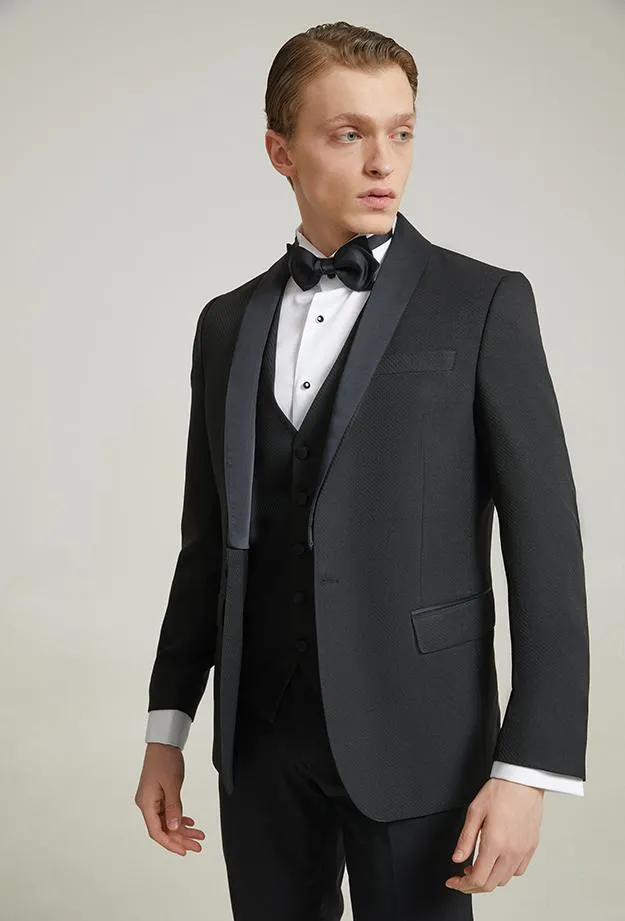 Ds Damat Slim Fit Black Dobby Groom Suit & Tuxedo Vest Suit