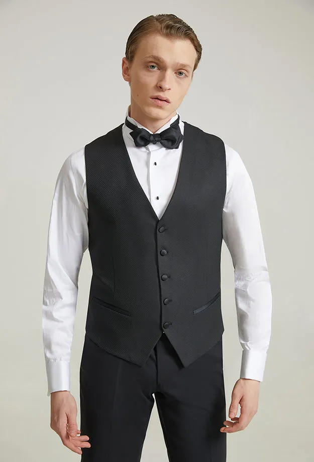 Ds Damat Slim Fit Black Dobby Groom Suit & Tuxedo Vest Suit