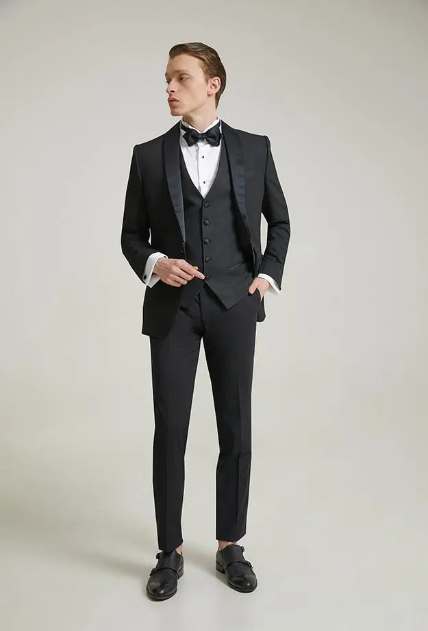 Ds Damat Slim Fit Black Dobby Groom Suit & Tuxedo Vest Suit