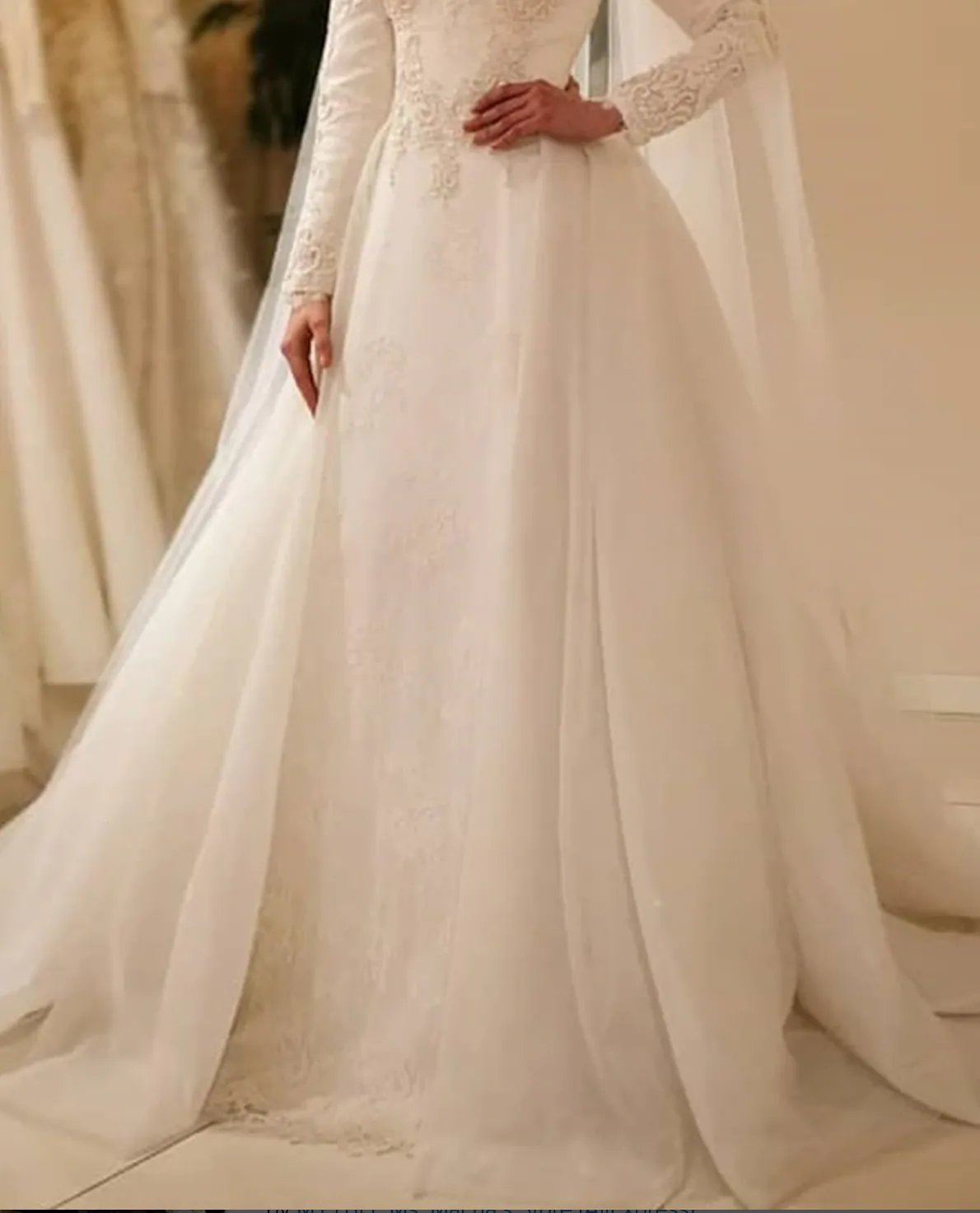 Elegant Long Sleeve O Neck Muslim Tulle Wedding Dress, Plus  Sizes Available