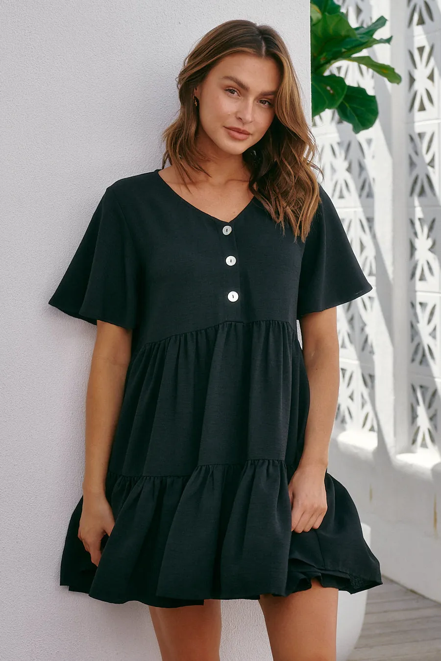 Element Tiered Black Button Dress