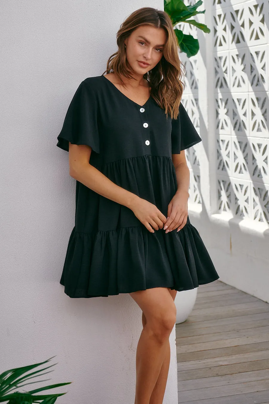 Element Tiered Black Button Dress