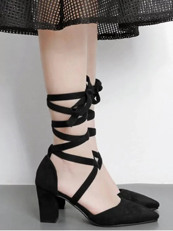 Fashion Pointed Toe Tie Up Block Pumps