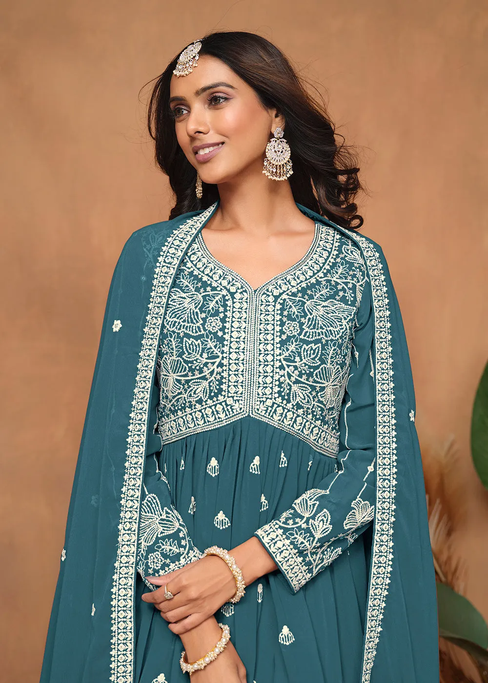 Festive Style Teal Blue Embroidered Gharara Suit