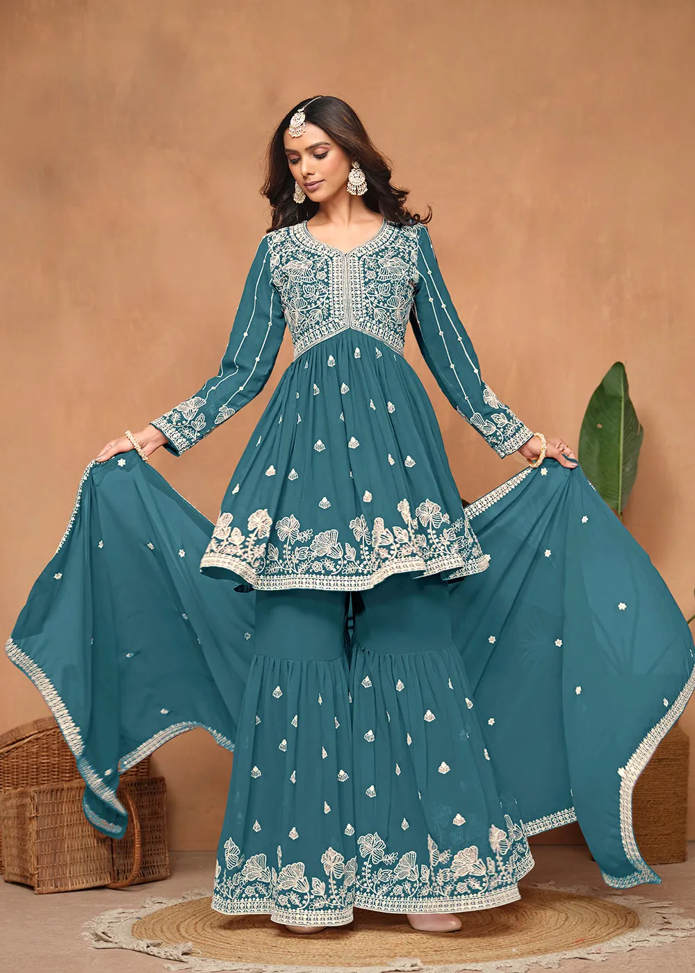 Festive Style Teal Blue Embroidered Gharara Suit