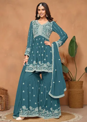 Festive Style Teal Blue Embroidered Gharara Suit