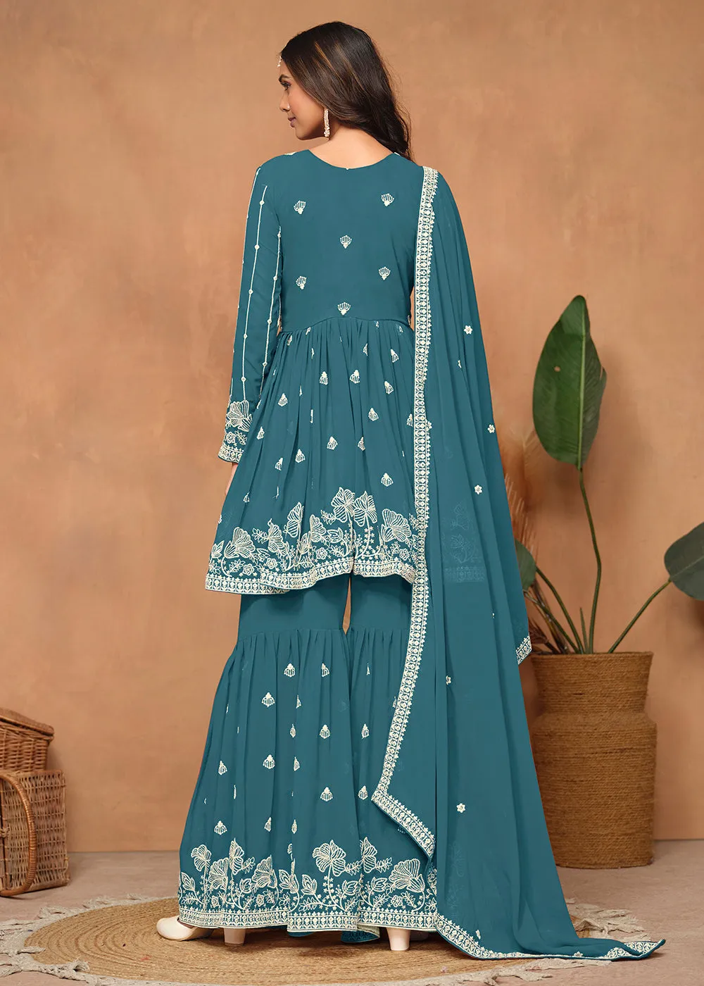 Festive Style Teal Blue Embroidered Gharara Suit