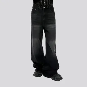 Floor-length whiskered jeans