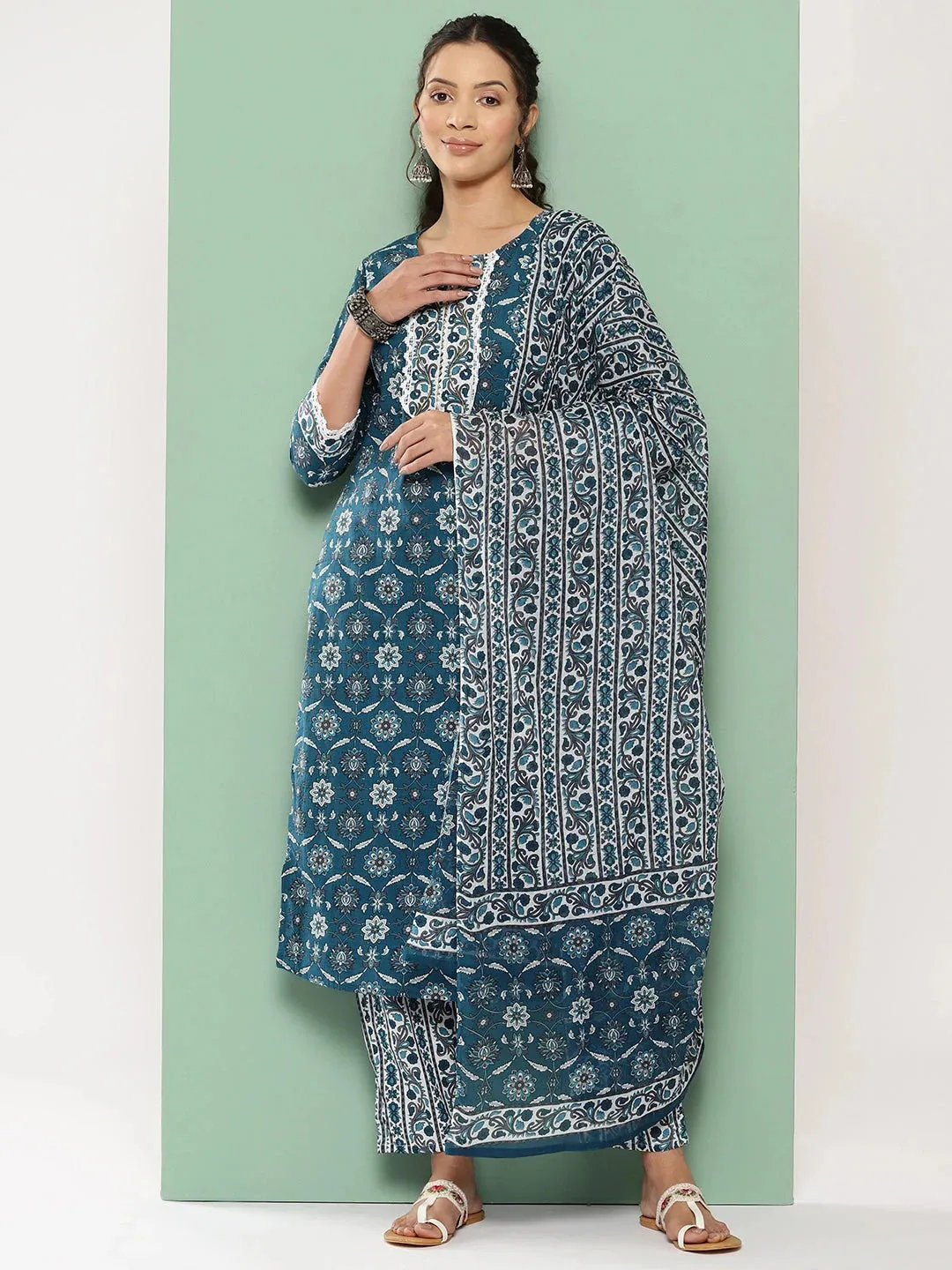 Floral Printed Regular Pure Cotton Kurta With Trousers & With Dupatta