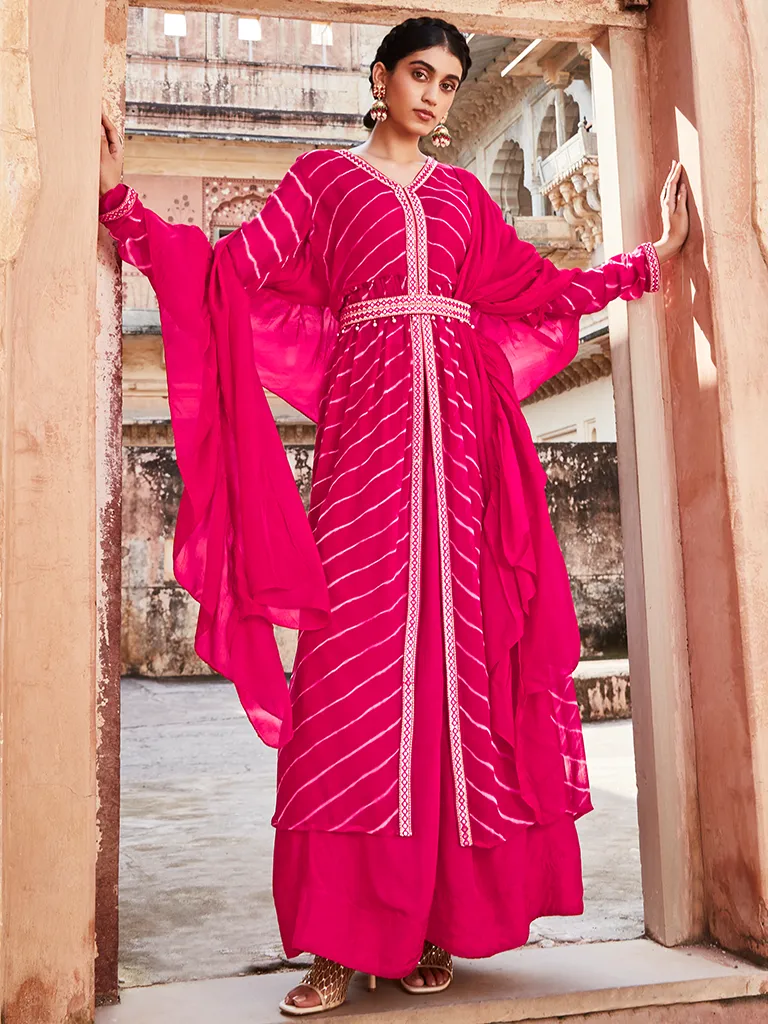 Fuchsia Lehriya Flared Jacket With Skirt And Dupatta And Mirror Work Belt