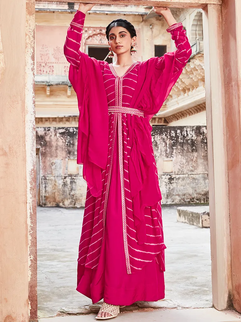 Fuchsia Lehriya Flared Jacket With Skirt And Dupatta And Mirror Work Belt