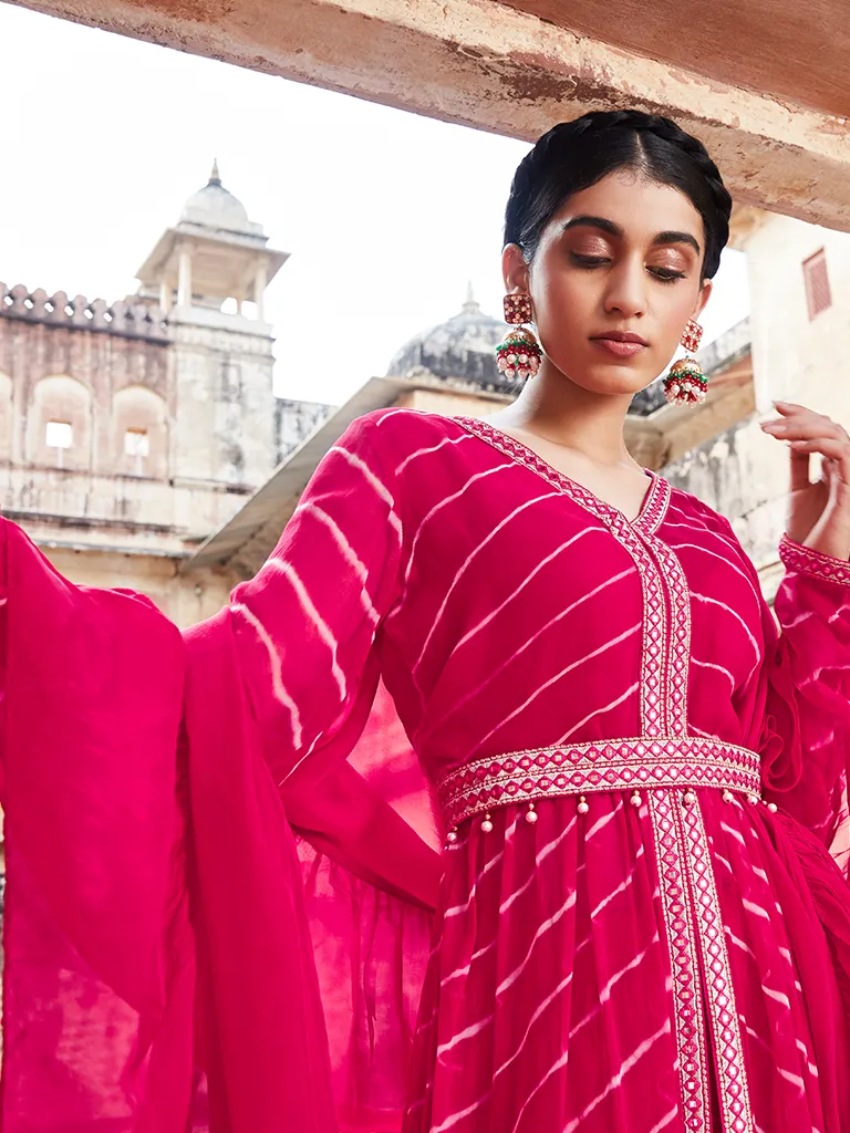 Fuchsia Lehriya Flared Jacket With Skirt And Dupatta And Mirror Work Belt