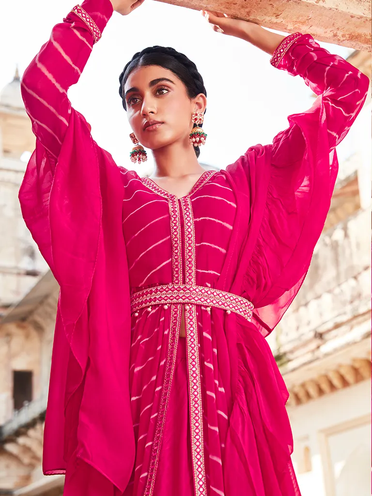 Fuchsia Lehriya Flared Jacket With Skirt And Dupatta And Mirror Work Belt