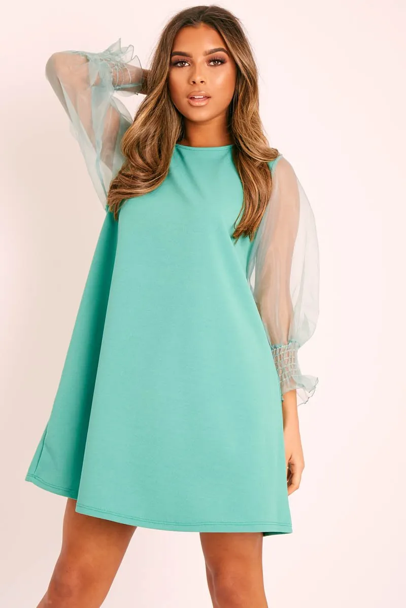 Green Mesh Sleeve Shift Dress - Elizzie